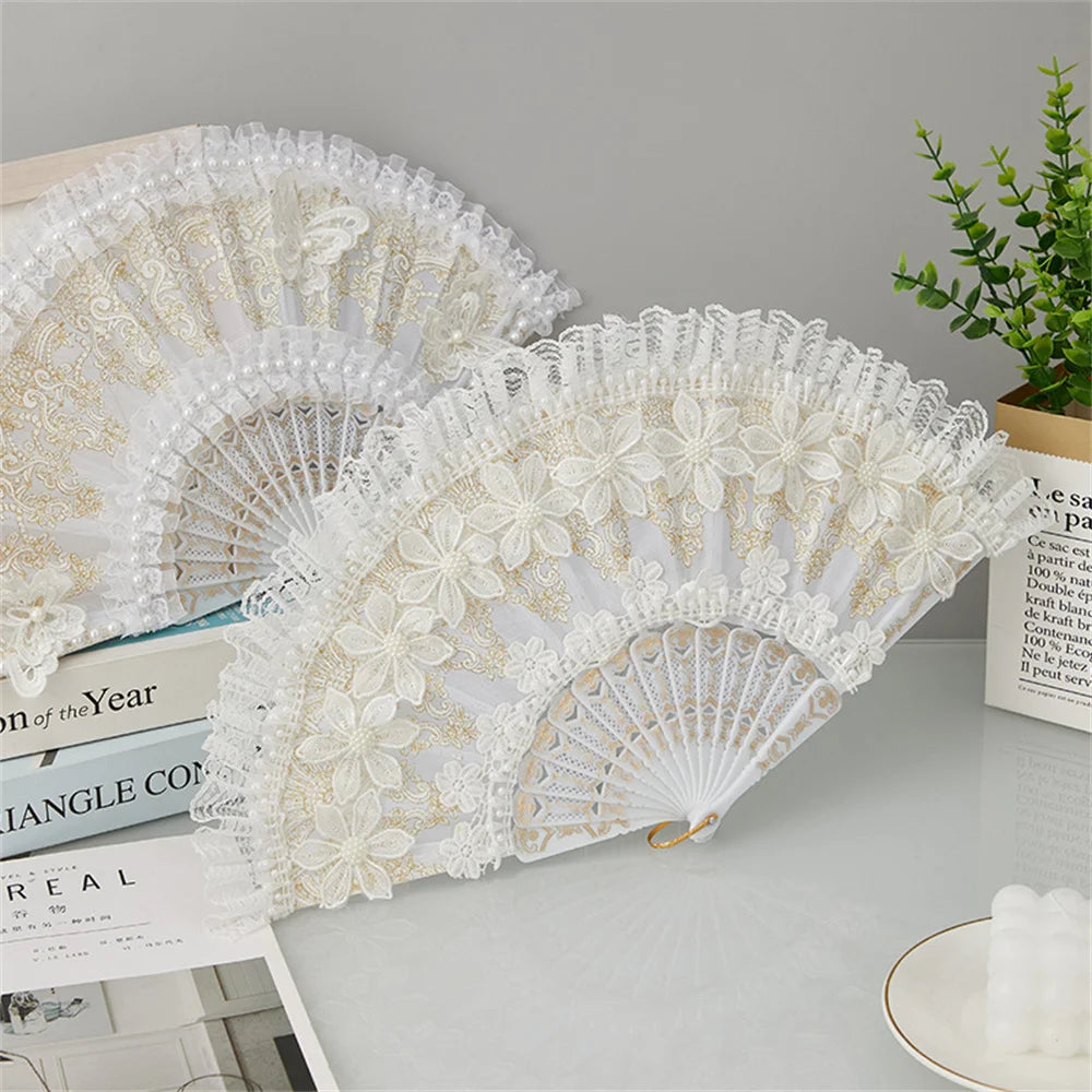 Fashion Wedding White Lace Folding Fan Plastic Wedding Cosplay Party Home Decorative Fan Ancient Bride Hand Fan Decoration Oasis Select