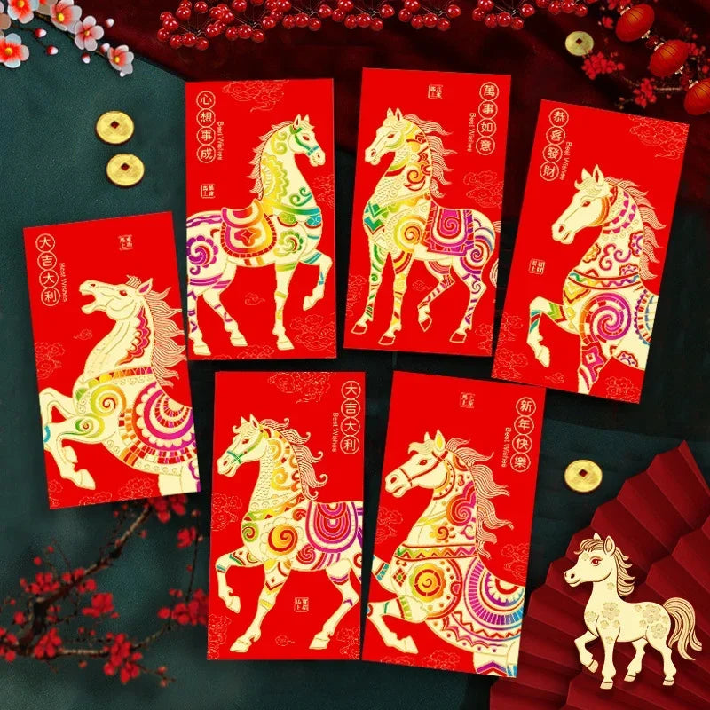 6Pcs/set Chinese New Year Money Envelope Horse Year Red Envelope Red Pocket Spring Festival Envelope Oasis Select