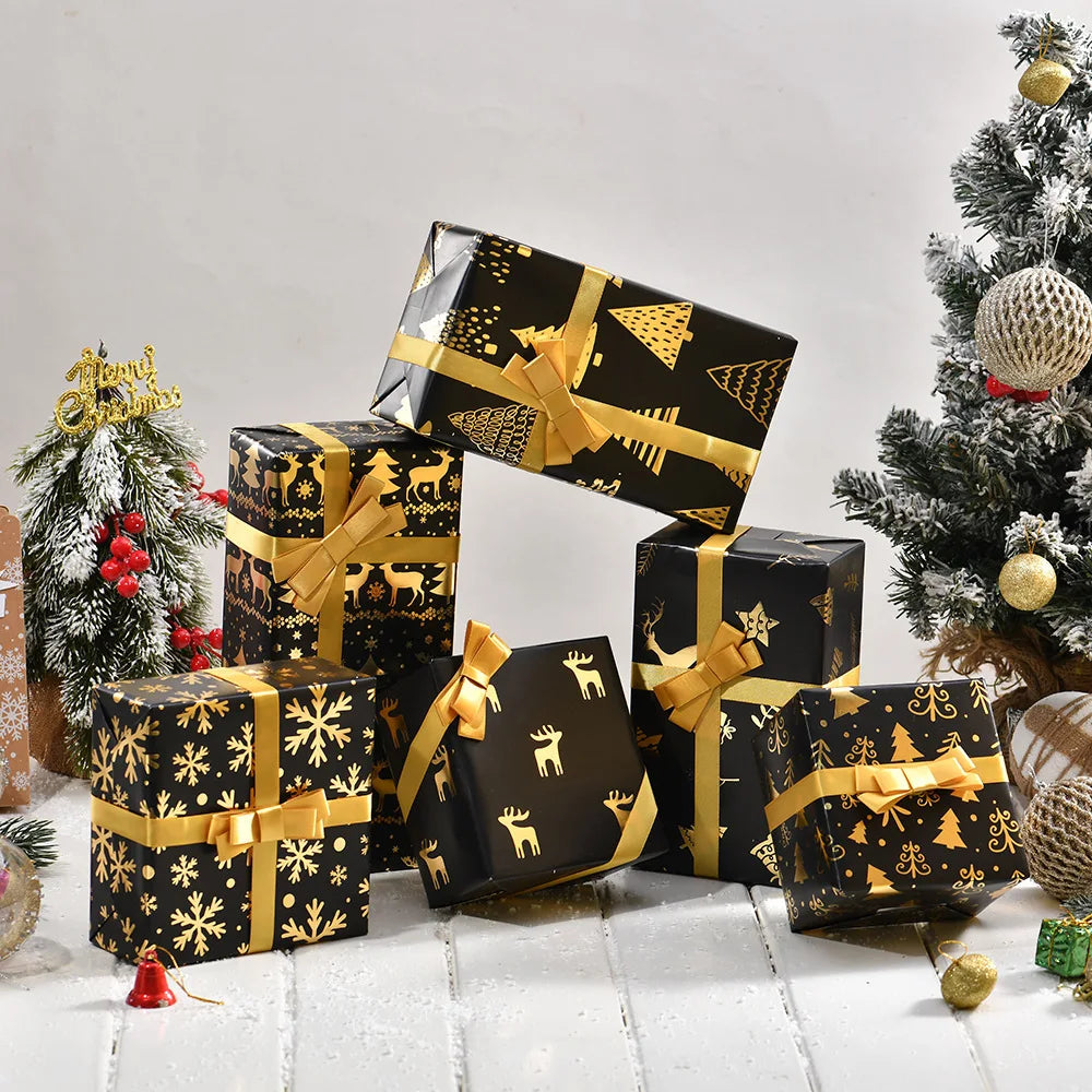 Black and Gold Foil Christmas Wrapping Paper – Reindeer & Snowflake Design on Glossy Coated Sheets for Holiday Gifts Oasis Select