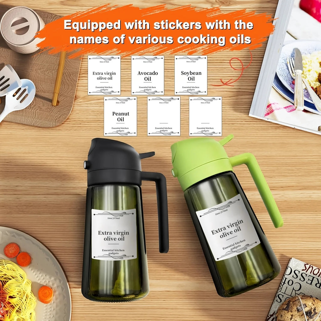 1pc 2-in-1 Olive Oil Dispenser & Sprayer, 16oz/470ml Dark Green Bottle, Durable Plastic with 6 Stickers, Kitchen Cooking Gadget Oasis Select