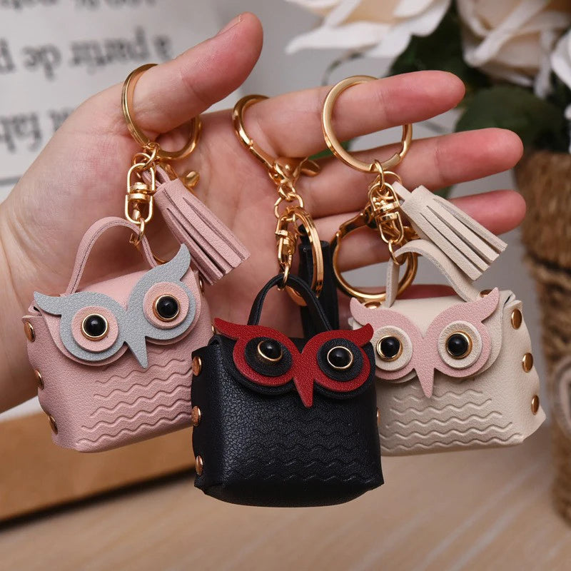 SXH 1PC Cute Key Bag Owl Coin Purse Mini School Bag Car Key Chain Pendant Lady Wallet Leather Coin Purses Coin Purse Keychain Oasis Select