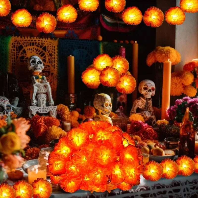 5 Ft LED Orange Marigold Garland Lights for Day of The Dead Halloween Diwali Christmas Party Home Decoration Oasis Select