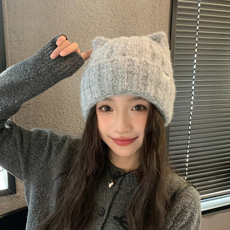 Cat Ear Knitted Beanie – Korean Style Winter Hat for Women