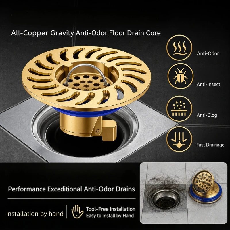 Floor Drain All-copper Shower Floor Drain Stopper Insectproof Anti-odor Deodorization Toilet Kitchen Bathroom Toilet Sewer Drain Oasis Select
