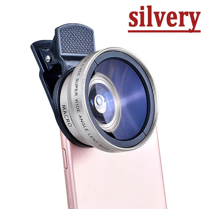 2 IN 1 Lens Universal Clip 37mm Mobile Phone Lens Professional 0.45X 49uv Super Wide-Angle + Macro HD Lens For iPhone Android Oasis Select Silver