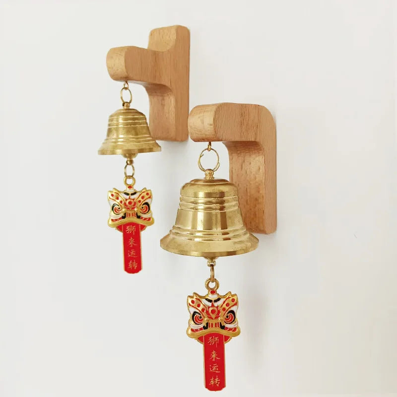 Natural Solid Wood Door Knocker with Brass Lion Head Magnetic Striking Wind Bell Elegant Entryway Ornament Delicatefor Household Oasis Select