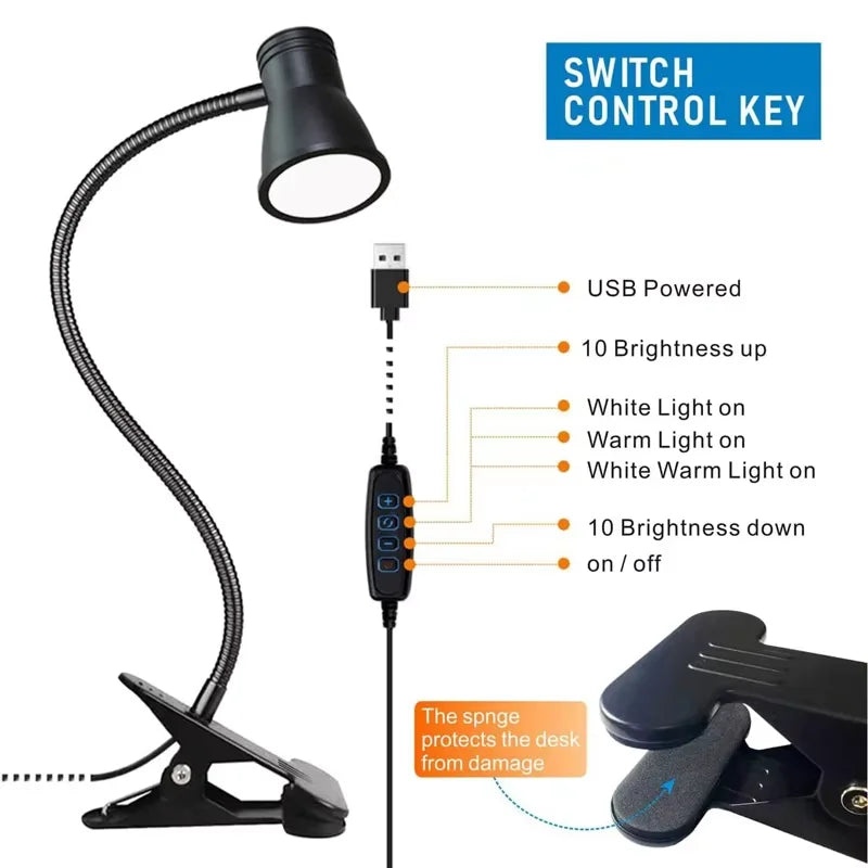3 Colors Dimmable Desk Lamp Night Light Bedroom Bedside USB Table Lamp LED Clip Lamp Eye-protection LED Book Light Oasis Select