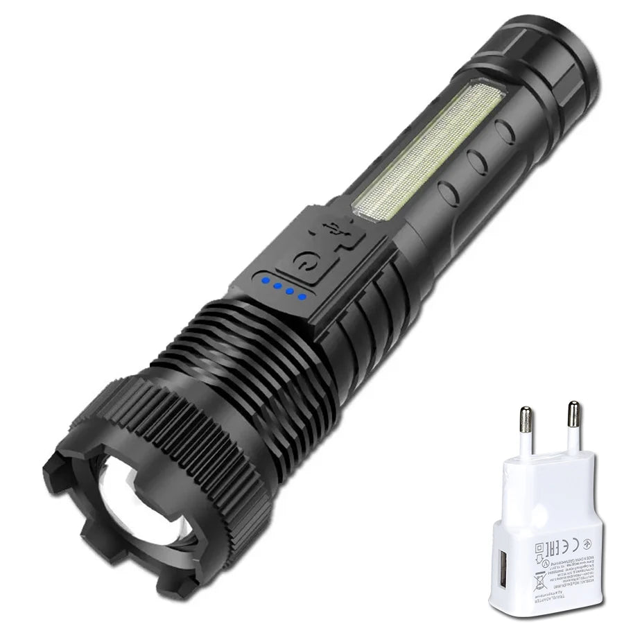Ultra-bright LED Flashlight Rechargeable Lamp Telescopic Tactical Torch Red Blue Double Flash Lamp for Outdoor Camping Emergency Oasis Select 1PCS-EU ZOOM