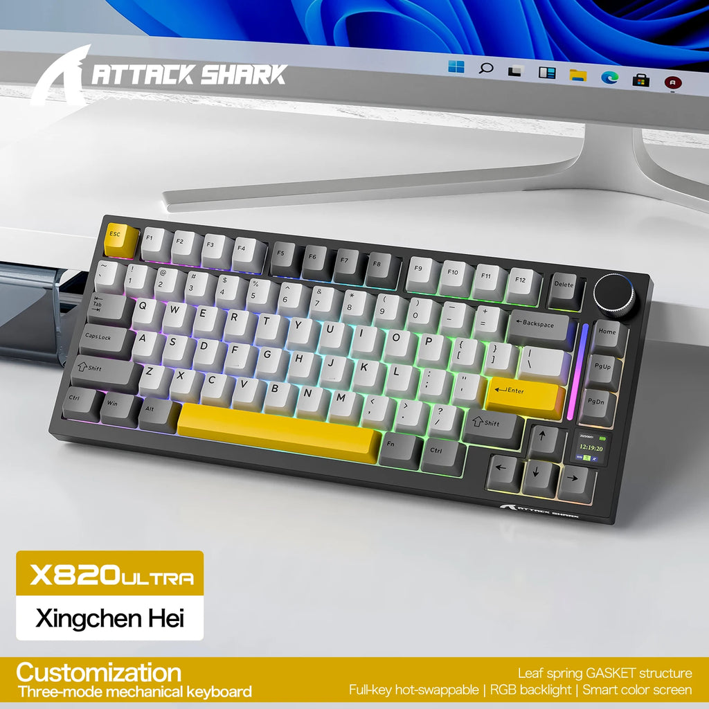 ATTACK SHARK X820 ULTRA 75% Tri Mode Mechanical Keyboard Gasket Mount 1.2mm PCB Slot Color Screen 4000mAh Battery Hot Swappable Oasis Select X820 Ultra black