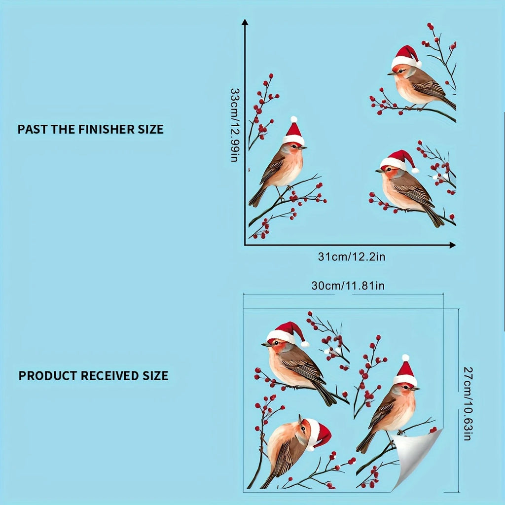 1PC Three Birds in Santa Hats Window Stickers Christmas Theme Red Berry Branches Decorative Wall Stickers for Glass and Window Oasis Select