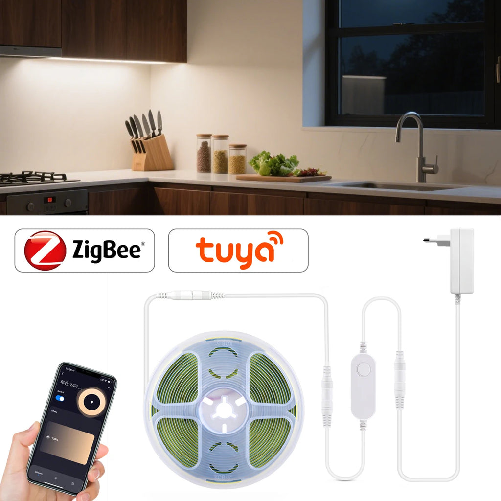 1m-5m Zigbee 3.0 COB LED Strip 12V Diode Tape 320LEDs/M Ra90 Smart Home Room Decor for Tuya APP Alexa Google Voice Control Oasis Select