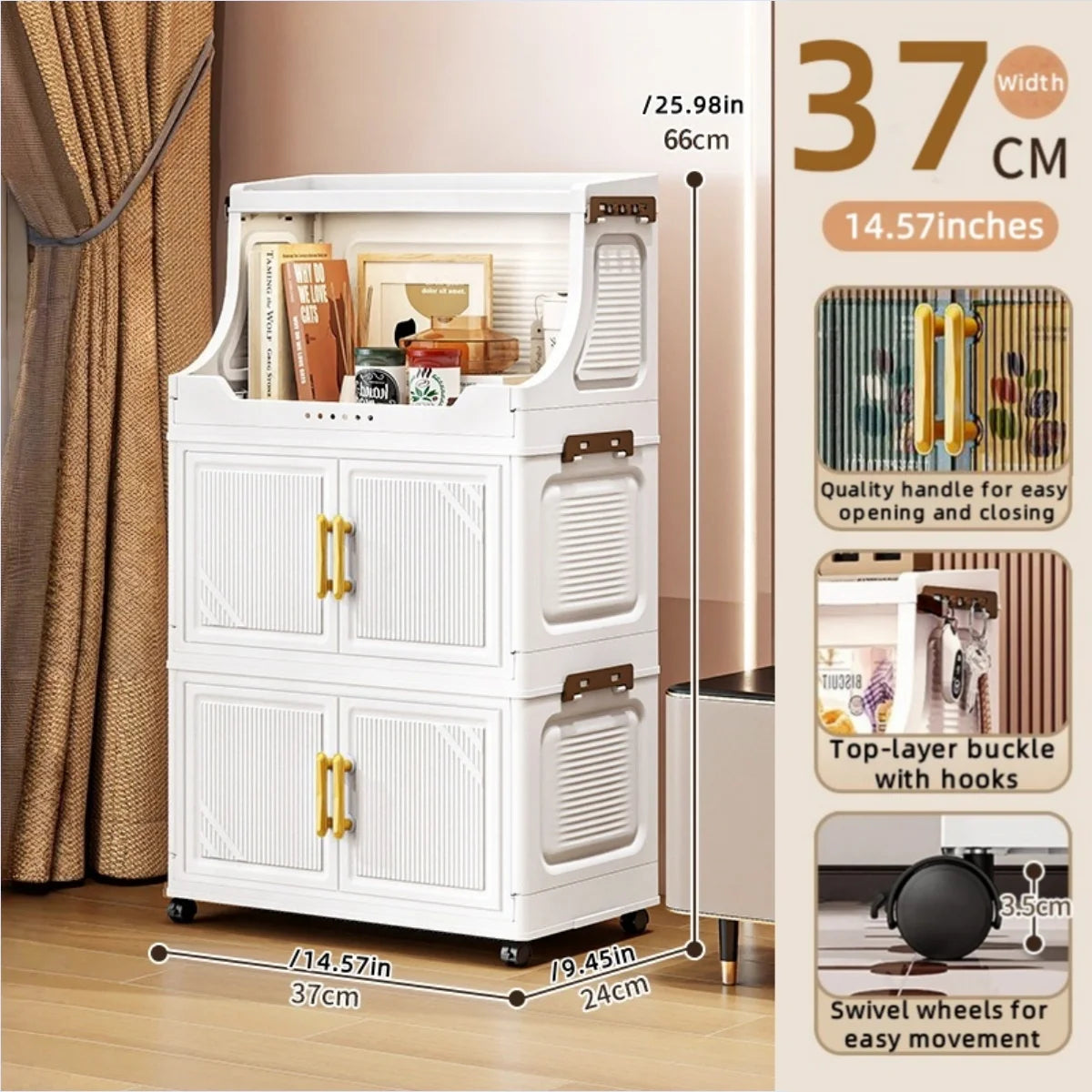 Foldable Double-Door Storage Cabinet,Large Capacity Space-Saving Mobile Organizer for Bedroom&Living Room（Clothes, Toys&Snacks） Oasis Select 3 Tiers White