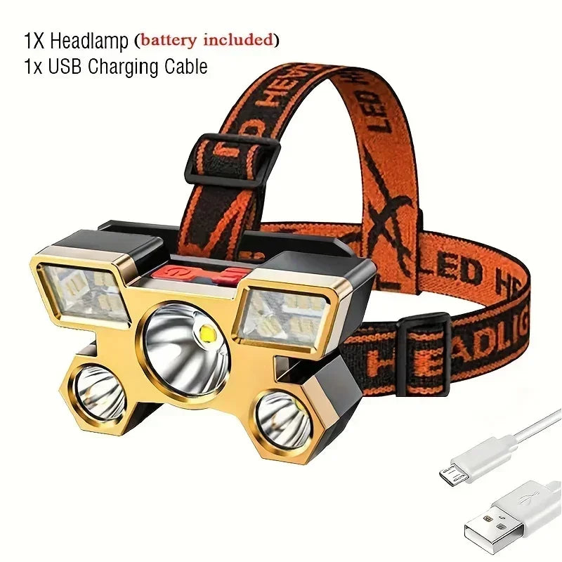 5*LED High Power Headlamp, Super Bright Rechargeable Fishing Camping Light, Long Distance Head Mounted Mining Lamp, Flashlight Oasis Select 1PC