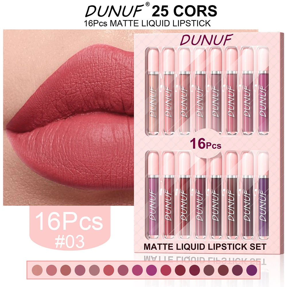 Matte Lip Gloss 16pc/set: Waterproof Lipstick Moisturizing Long Lasting Non-Stick Cup, Nude, Y2K Christmas Valentine's Day Gifts Oasis Select 03