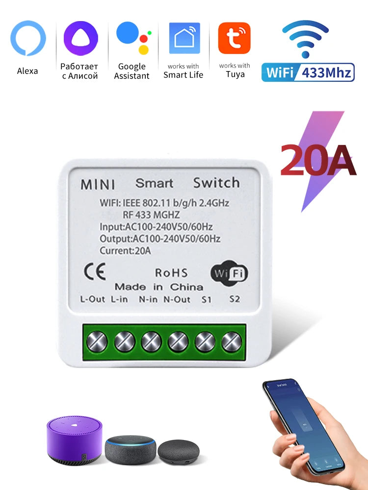 Tuya WiFi Smart Switch 16A 20A 100-240V Relay Controller RF433Mhz Wireless Remote Control Mini Round Panel Switch For Led Light Oasis Select Only 20A Receiver