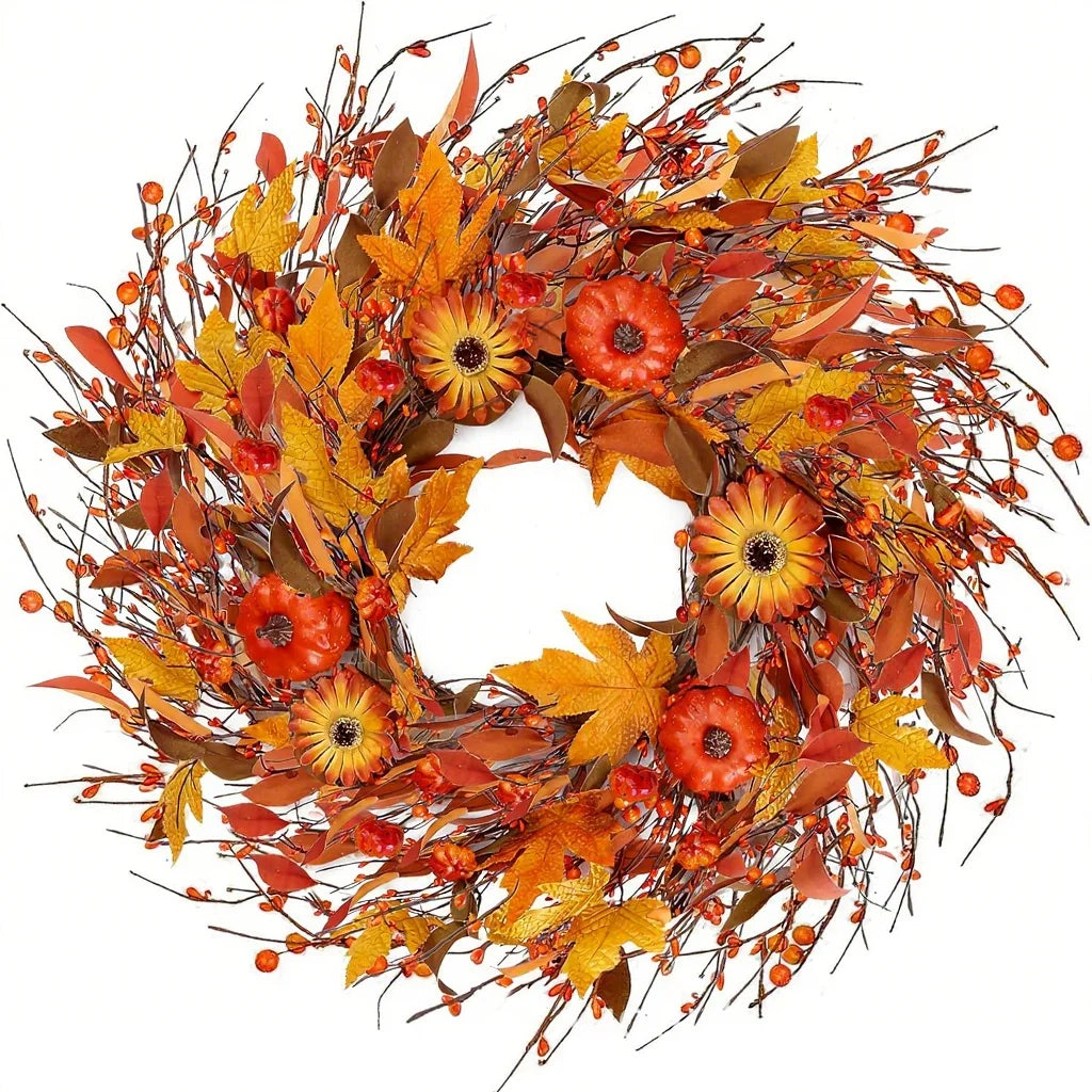 Autumn Door Wreath Christmas Halloween Decoration Pumpkin Berry Pine Cone Maple Artificial Cloth Rattan Material Home decoration Oasis Select