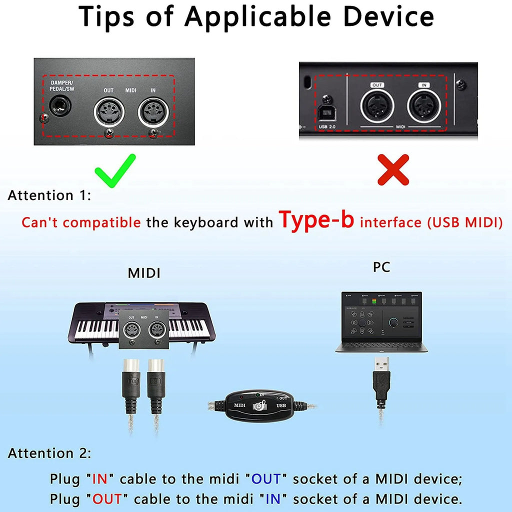 USB MIDI Cable Adapter, USB Type A Male to MIDI Din 5 Pin In-Out Cable Interface with LED Indicator for Music Keyboard Oasis Select