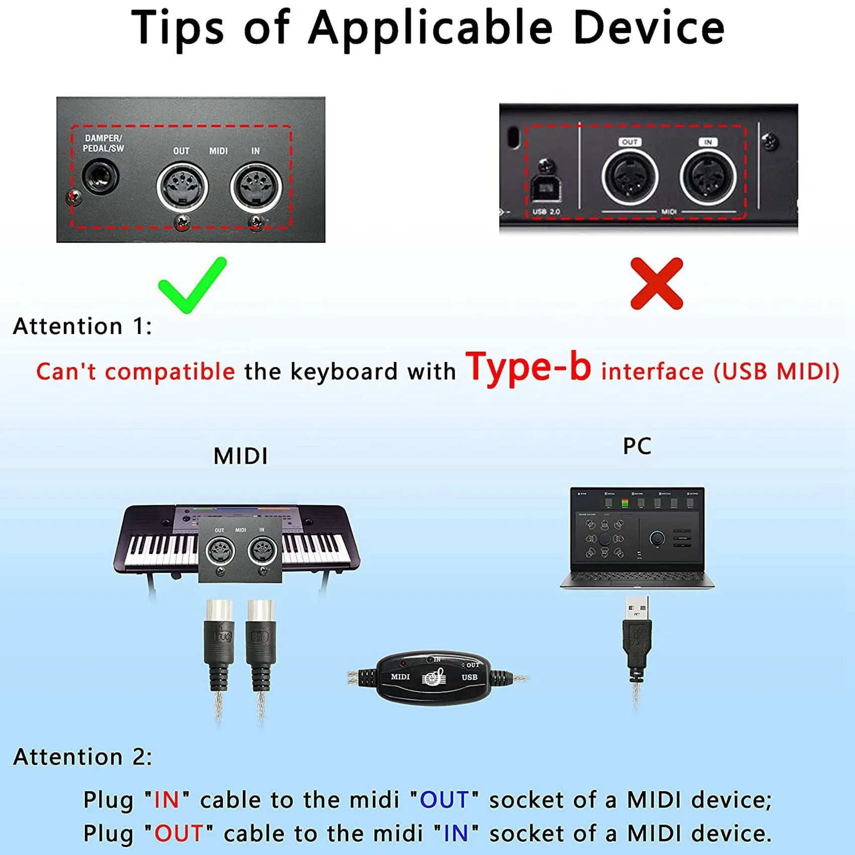 USB MIDI Cable Adapter, USB Type A Male to MIDI Din 5 Pin In-Out Cable Interface with LED Indicator for Music Keyboard Oasis Select
