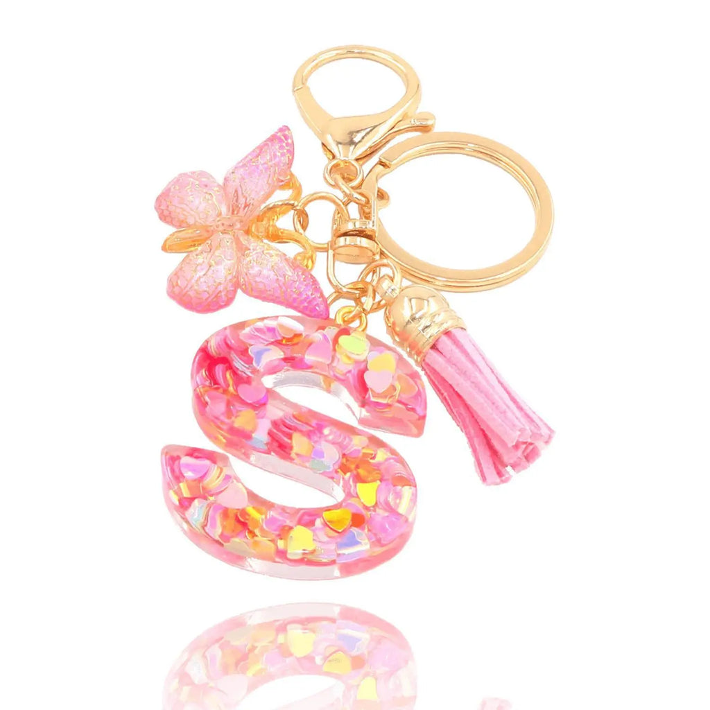 1pc Pink Glitter Letter Keychain with Heart Butterfly Tassel Crystal Resin Charm Fashion Accessory Gift for Women & Girls Oasis Select S