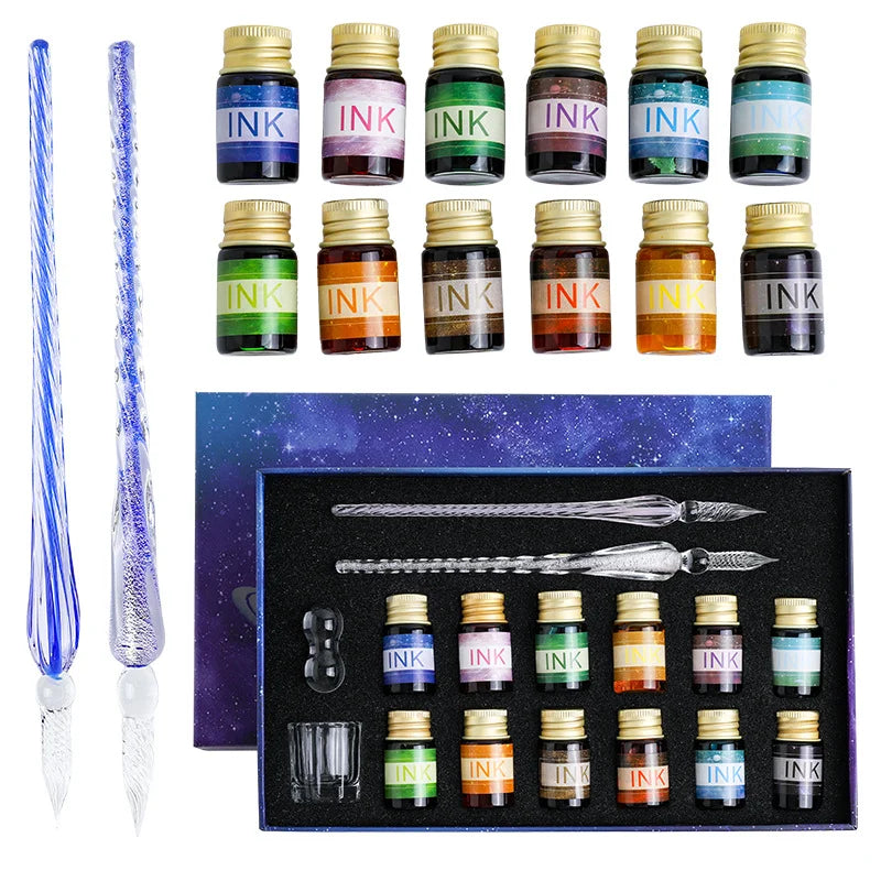 Free Starry Sky Glass Pen Set Signature Pen Crystal Student Dip Pen Glass Dip Pen Gift Pen Set of 16 Oasis Select