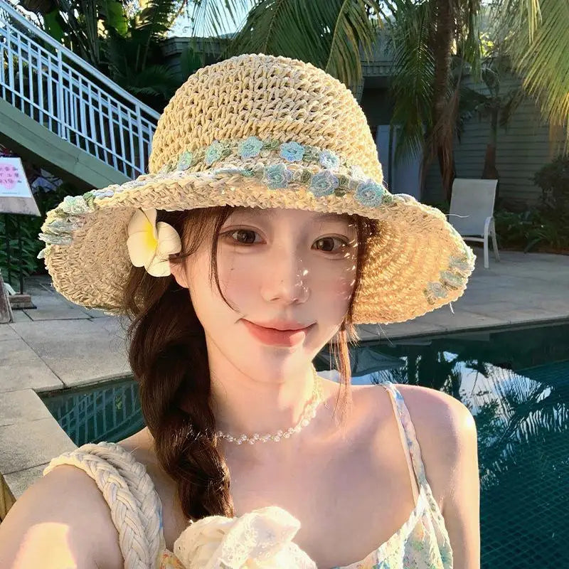Foldable Summer Straw Sun Hat for Women UV Protection Wide Brim Lightweight Beach Garden Vacation Headwear Oasis Select B one size