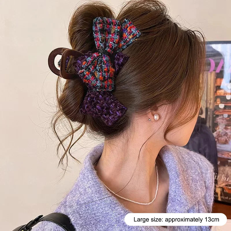 Retro Autumn And Winter Wool-blend Color-block Double Bow Hair Clip For Women Girls Large Shark Clip Hair Accessories Oasis Select A3