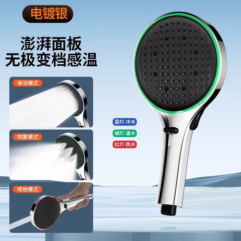 New Big Panel 3 Modes LED Ambient Light Temperature Sensing High Pressure Water Saving Shower Head Spray Bathroom Accessories Oasis Select Sliver Shower