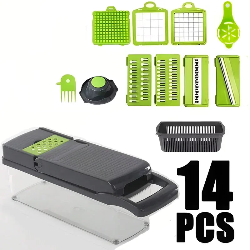 Pro-Series 16-in-1 Vegetable Chopper, Dewpeton Mandoline Slicer, Veggie Chopper, Food Chopper with Container, Vegetable Cutter Oasis Select Gray 14-piece set