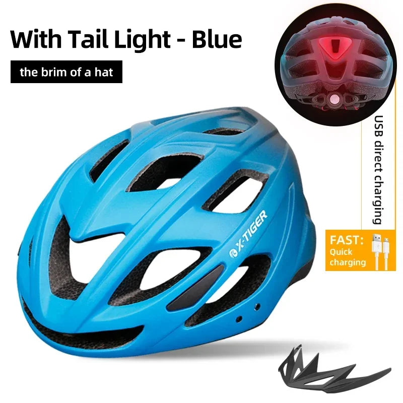 X-TIGER Cycling Helmet LED Tail Light Breathable One-piece Mountain Road Sports Bicycle Helmet Rechargeable with Brim Design Oasis Select Blue