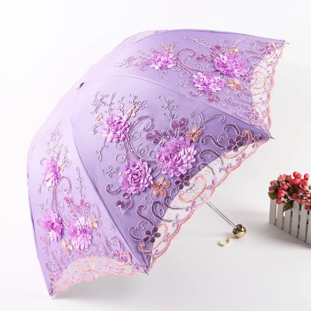 Folded Retro Embroidered Lace Double Layer Vinyl Three-fold Umbrella Wedding Umbrella Oasis Select purple 8K iron