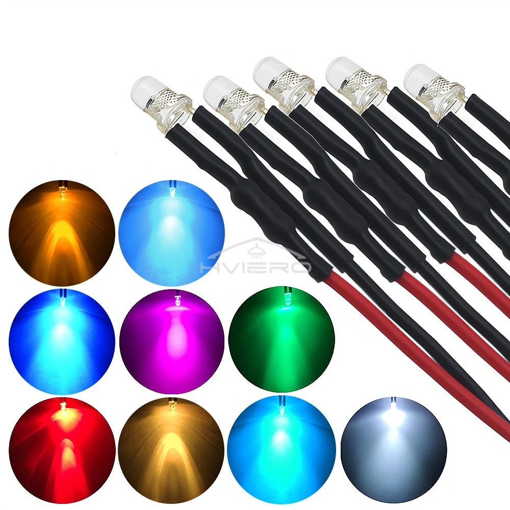 10-Pack 3mm Pre-Wired LED Bulbs DC 12V Water Clear Round Top