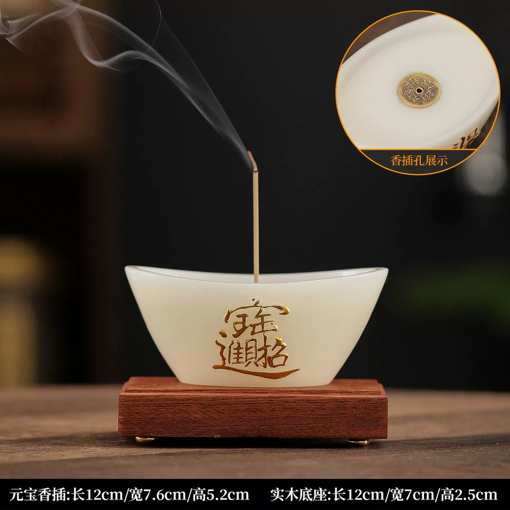Jade Ceramic Yuanbao Incense Burner Attract Wealth, Stick & Coil Incense Holder for Tea Room Home Desktop Decoration Oasis Select G