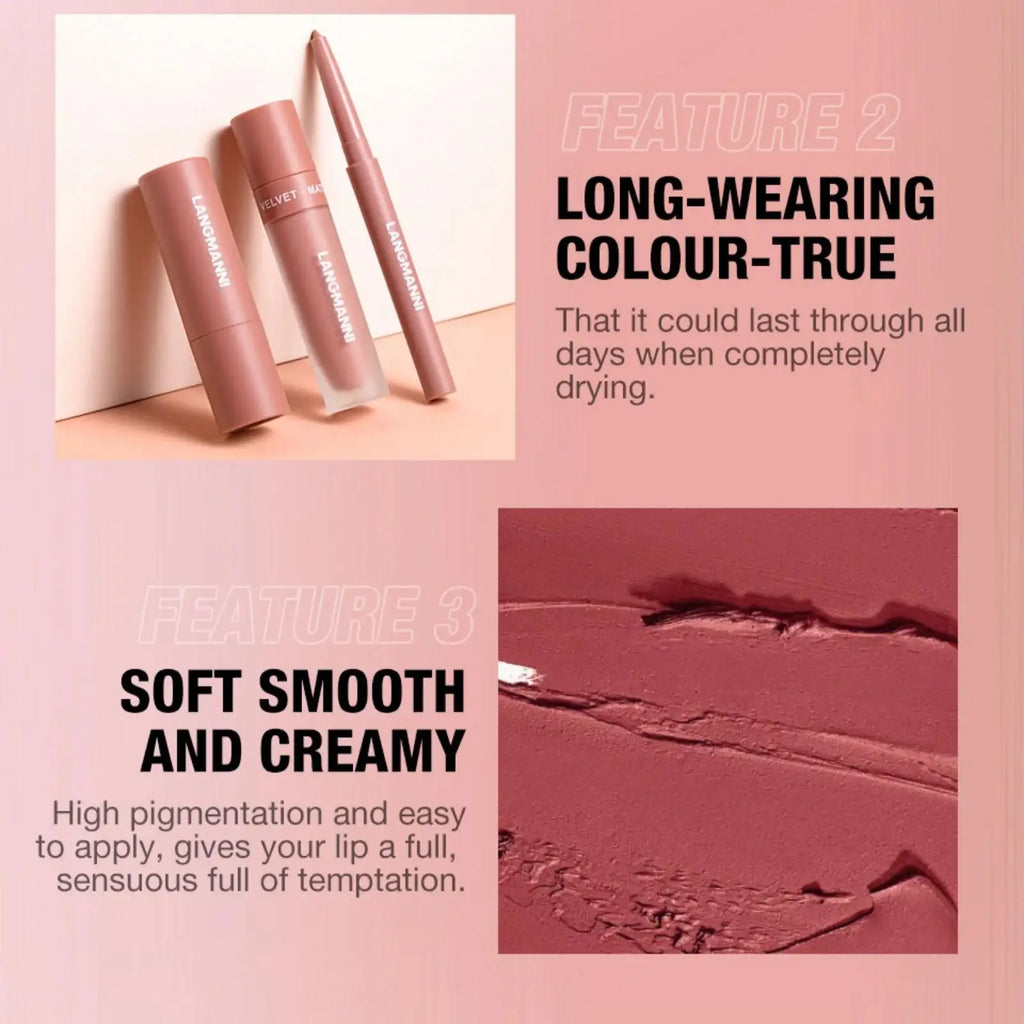 LANGMANNI 3-Piece Matte Lip Kit – Liquid Lipstick & Lipliner