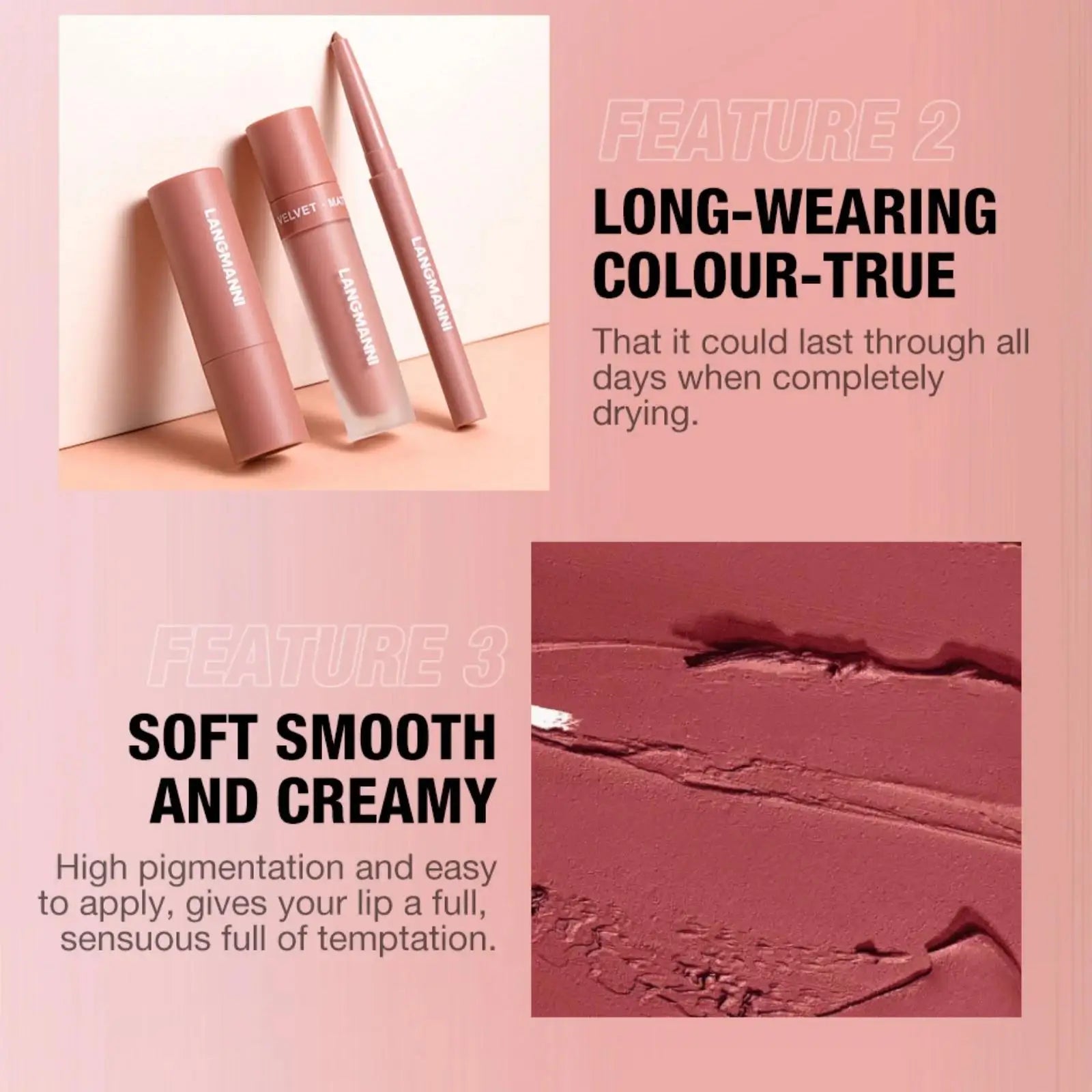 LANGMANNI 3-Piece Matte Lip Kit – Liquid Lipstick & Lipliner