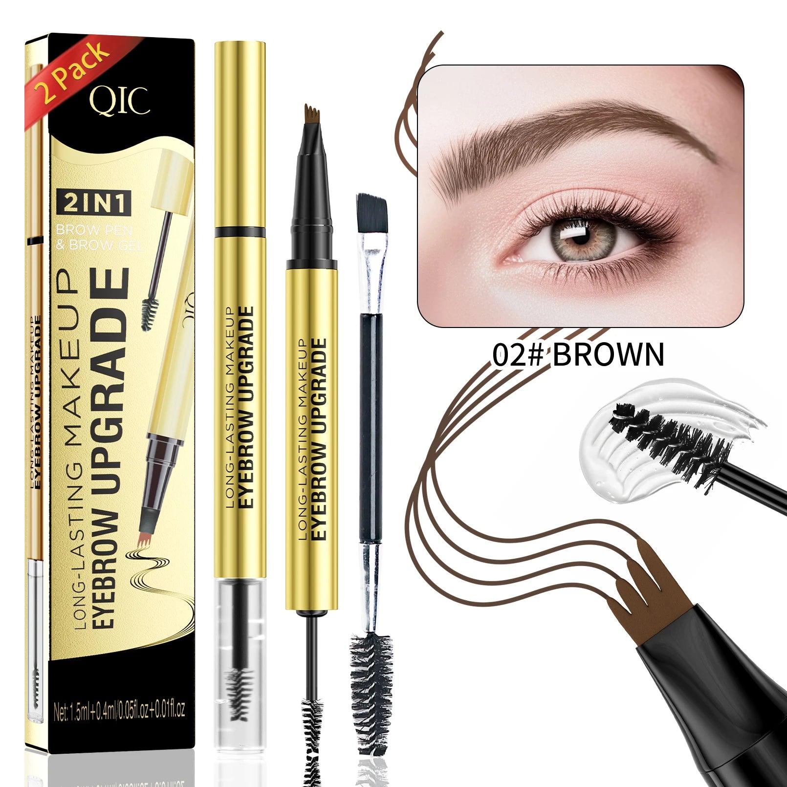 QIC 4-Tip Waterproof Liquid Eyebrow Pen – 5 Colors