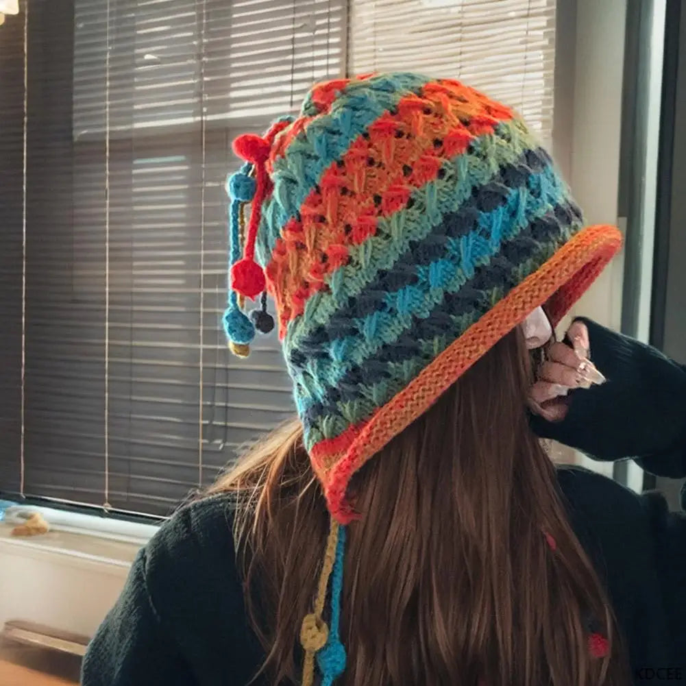 Rainbow Striped Knit Beanie Hat – Women's Winter Ear Protection Knit Beanie Hat Oasis Select