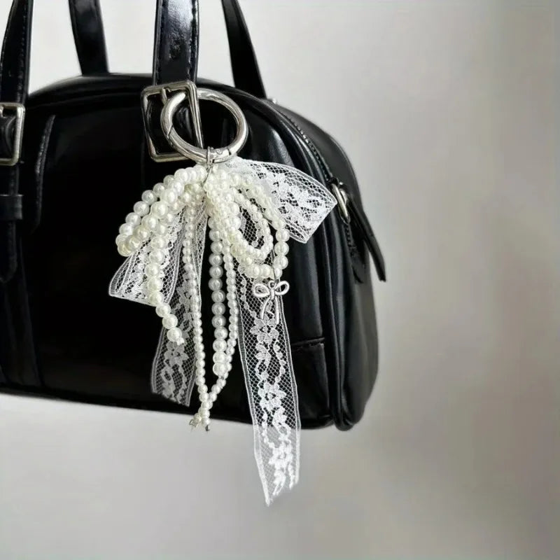 Korean Ins Niche Pearl Lace Bow Decoration Fashionable High-end Texture Fresh Bag Pendant Car Keychain Oasis Select