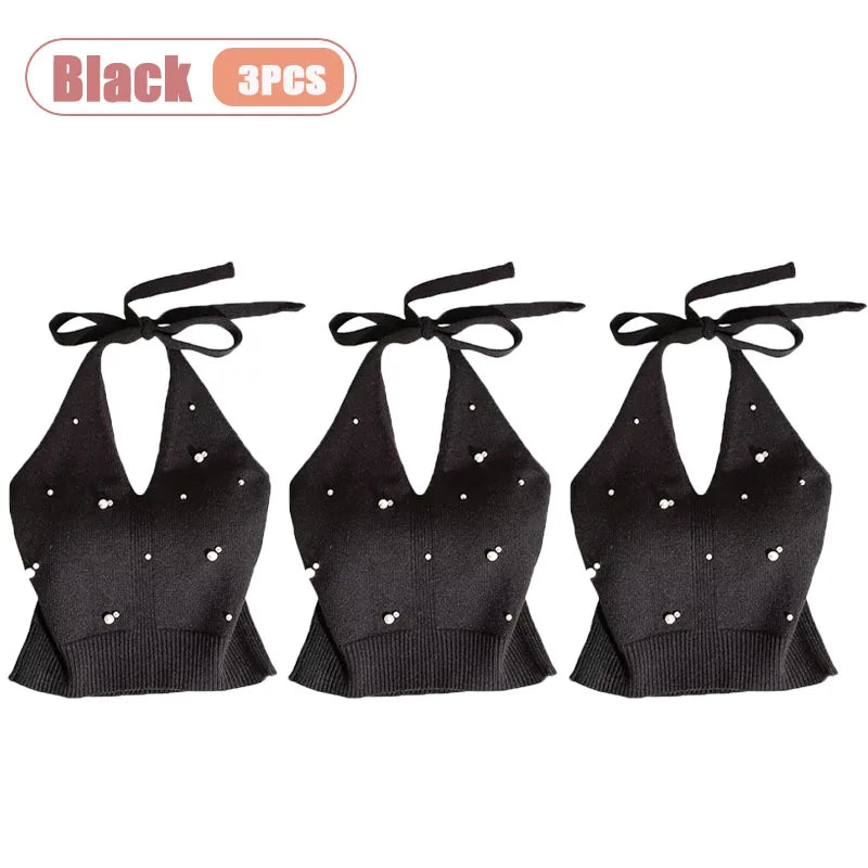 1-10PCS Beaded Halter Top for Women Sexy Backless Sleeveless Knit Cami Slim Fit Layering Outwear Summer Clothes Oasis Select Black-3PCS One Size