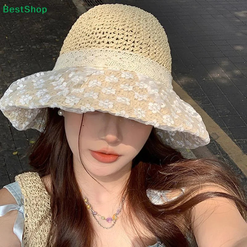 Women's Lace Trim Beach Straw Hat – Breathable Sun Hat