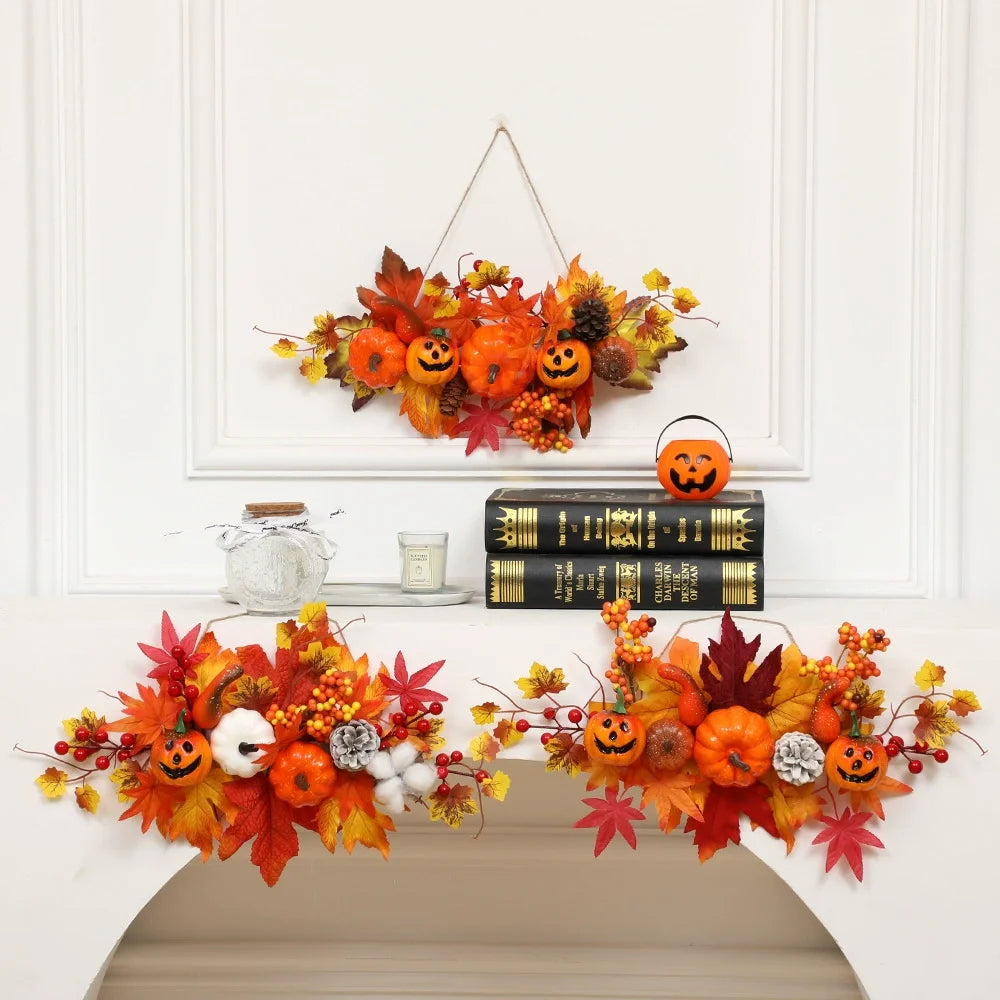 Halloween Maple Leaf Door Decor Autumn Pumpkin Maple Leaf Decor Halloween Front Door Wreath Pendant Decoration for Room Oasis Select