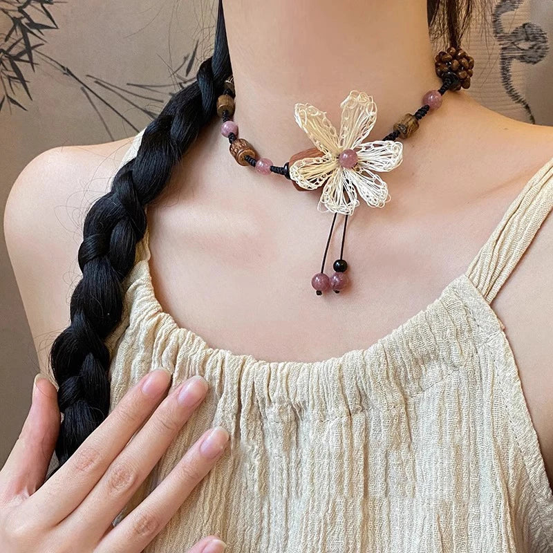 Retro New Flower Beaded Necklace Chinese Style Wood Bead Weaving Long Braided Rope Clavicle Chain Women's High Grade Neck Chain Oasis Select