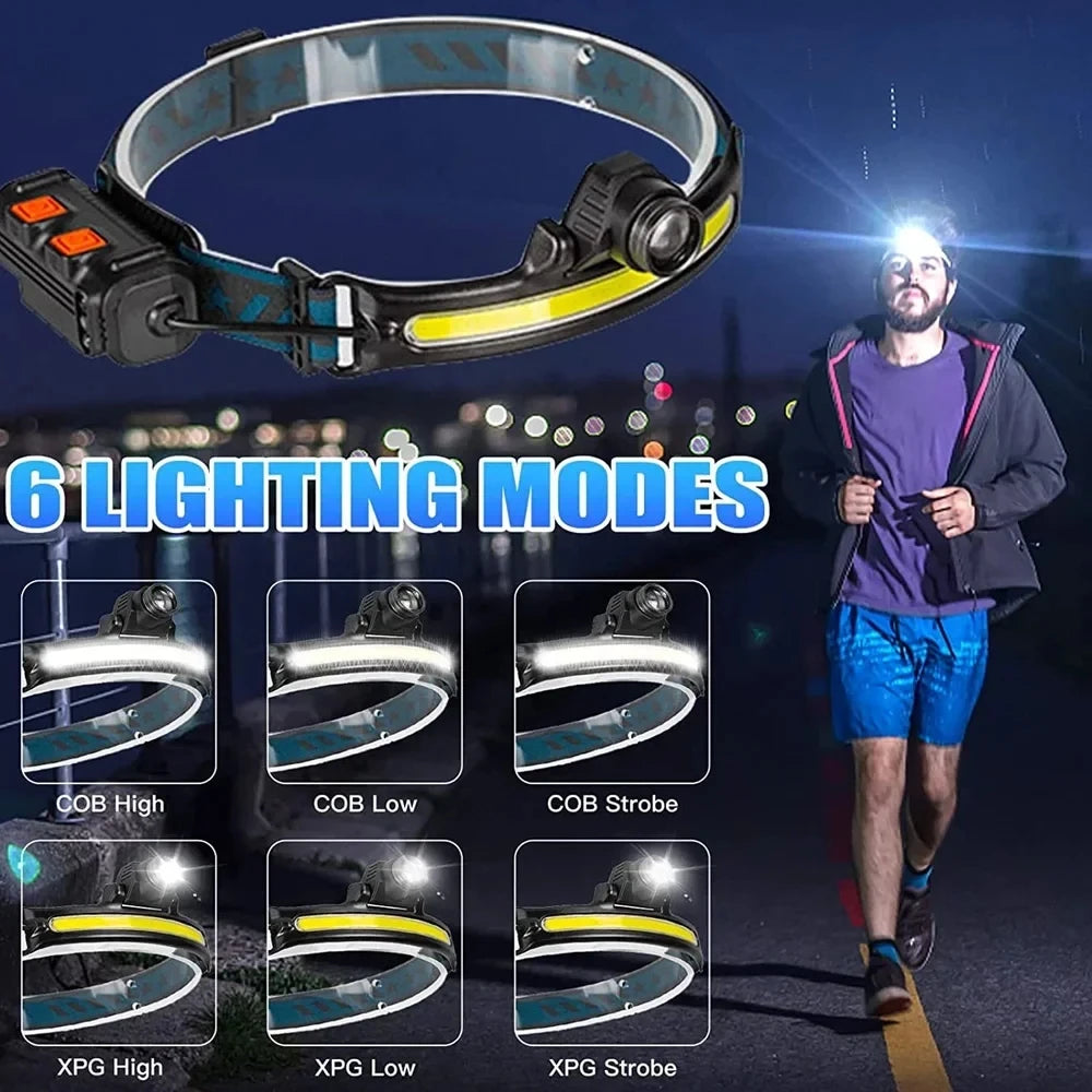 Induction Headlamp XPG+COB LED Zoom Head Lamp Built-in Battery USB Rechargeable 6 Modes Head Flashlight For Camping Fishing Oasis Select