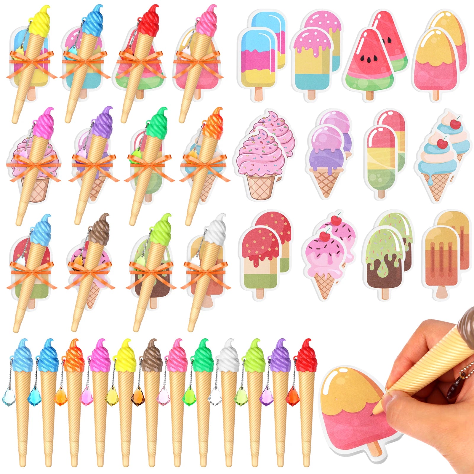 48Pc Ice Cream Cone Pens with Sticky Notes Ice Cream Party Supplies Kit Assorted Summer Fruit Popsicle Stick Back to School Gift Oasis Select 24sets