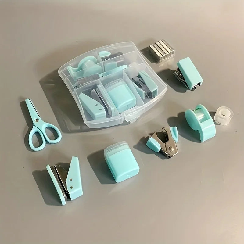 8PCS portable office school mini stationery gift box, including puncher, stapler, small tape, pencil case, scissors, 500 staples Oasis Select