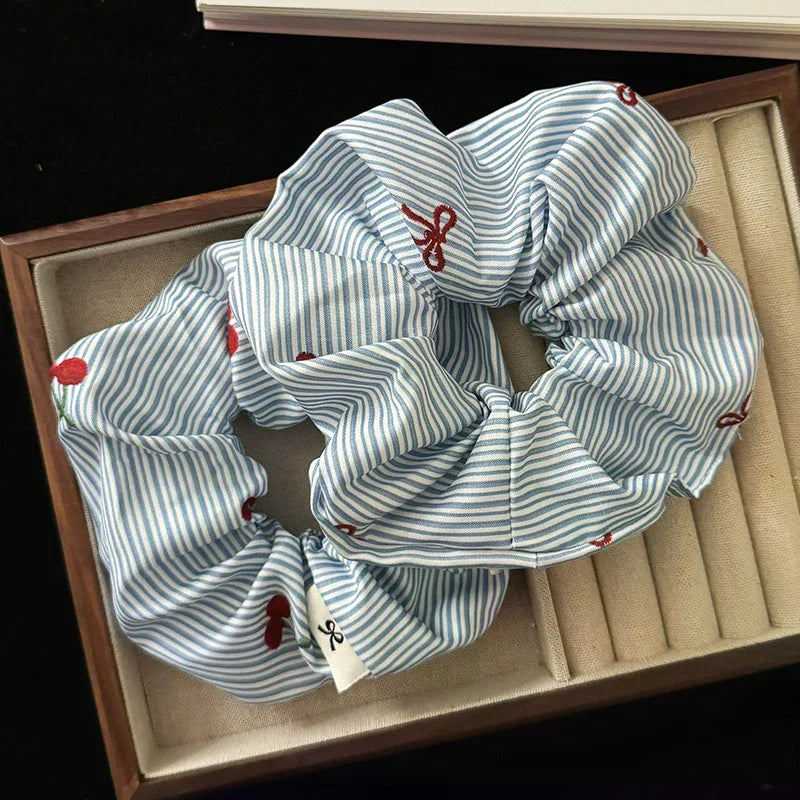 2Pcs Korean Delicate Style Blue Striped Red Bow Cherry Scrunchie Hair Tie Fashionable New Hair Accessories Oasis Select