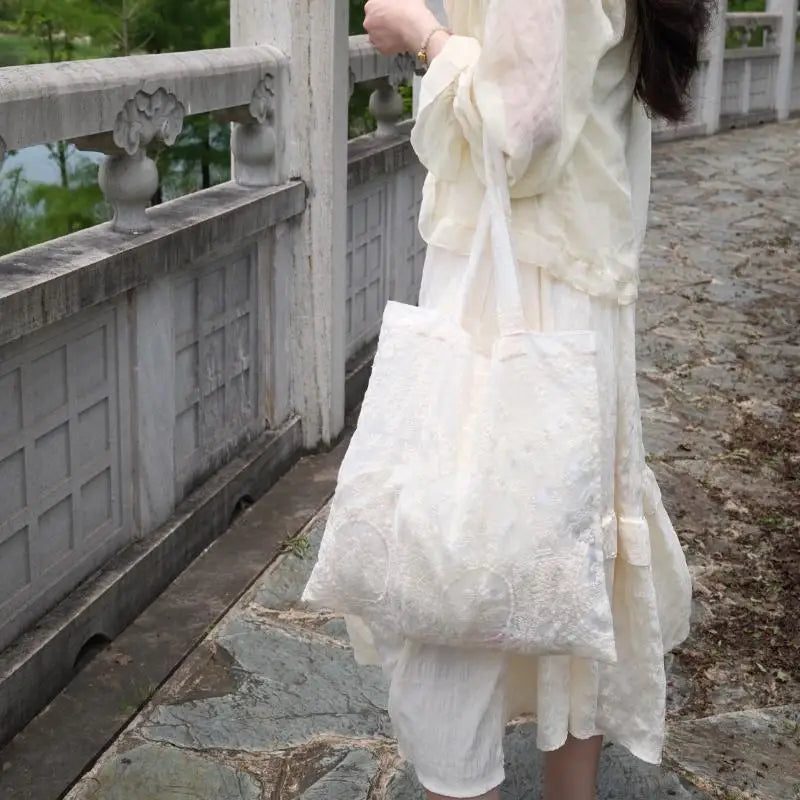 Embroidered Lace Organza Tote Bag – Vintage Handmade Purse