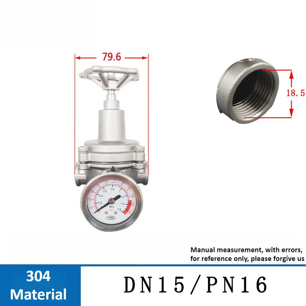 Pressure Reducing Valve 304 Stainless Steel Adjustable Pressure Valve High Flow Thread Internal Thread Tap Water Branch Pipe Oasis Select YZ13X-16P-DN15 Wear a watch