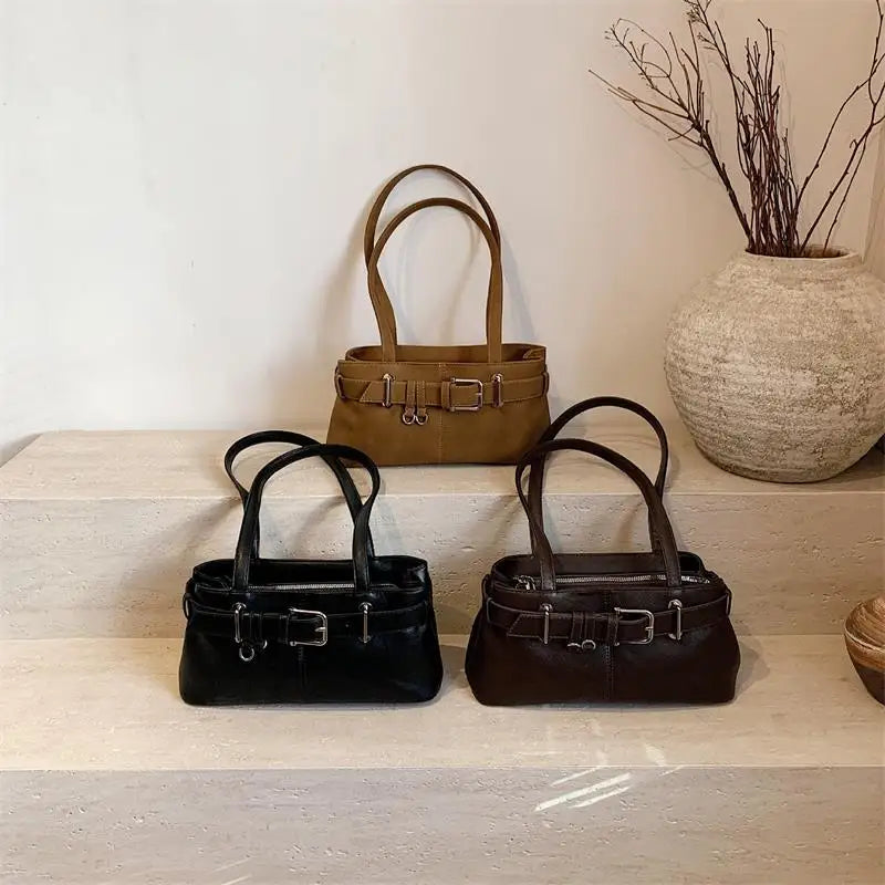 Vintage Solid Color Tote Bag Large Capacity Shoulder Handbag for Women Commute Shopping Daily Use Oasis Select
