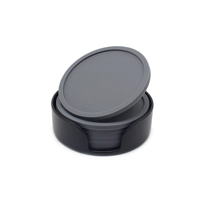 6pcs Non-slip Silicone Drinking Coaster Set Holder Cup Coaster Mat Set Round Coffeee Cup Mat Set Black Tabletop for Home Kitchen Oasis Select Gray 6 mat and 1 bracket Round