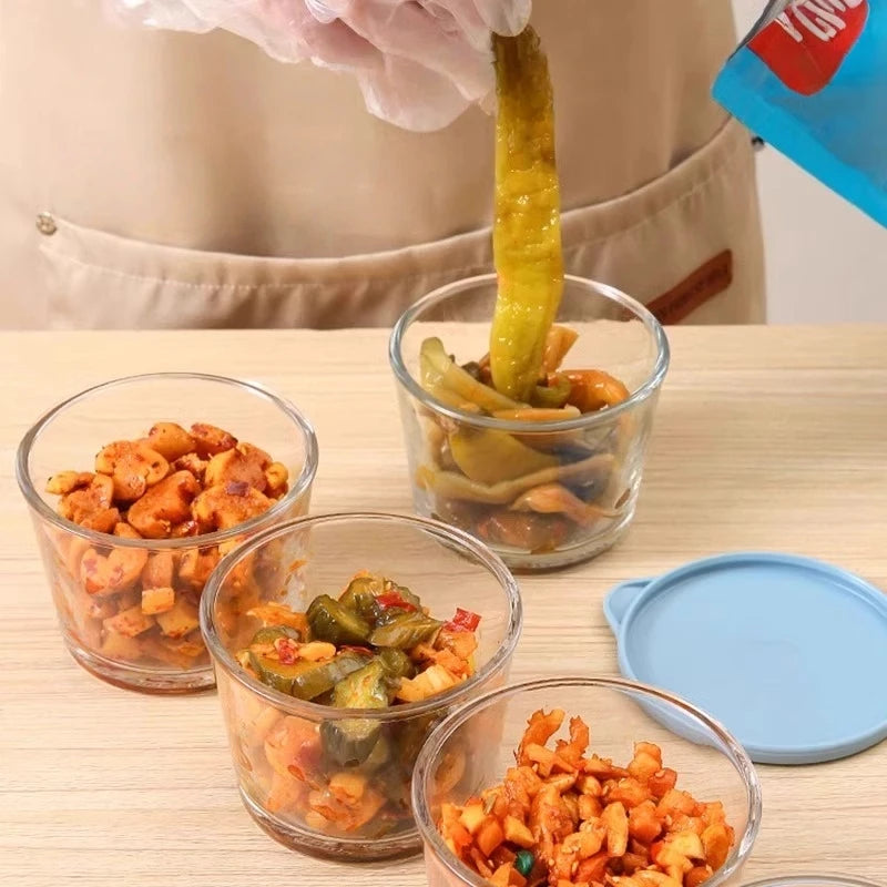 4Pcs 6.8oz Clear Ribbed Glass Cups with Lids, Stackable Mini Bowls, Reusable Jars for Dessert Pudding Sauce Salad Nut Oat Oasis Select